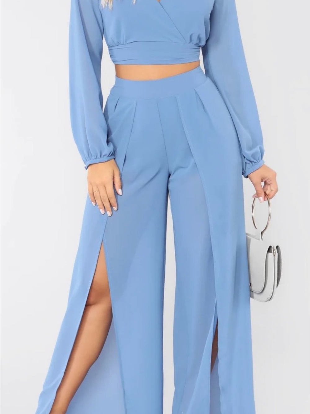 Fashion Nova Light Blue Wide-Leg Split Palazzo Pants and top